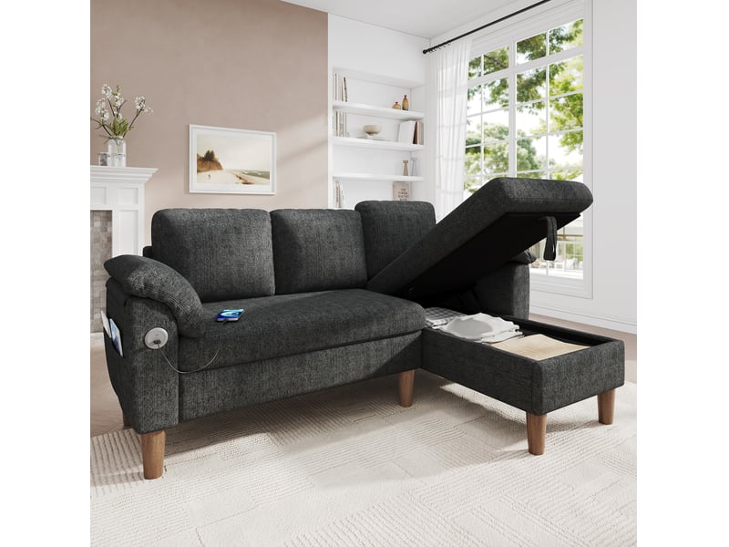  Canapé d’angle 3 places 181x125x88 cm avec méridienne gris foncé  - Conforama B