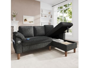 Canapé d'angle droit fixe <strong>MODENUIT </strong> <strong></strong> 3 places Polyester gris avec coffre de rangement