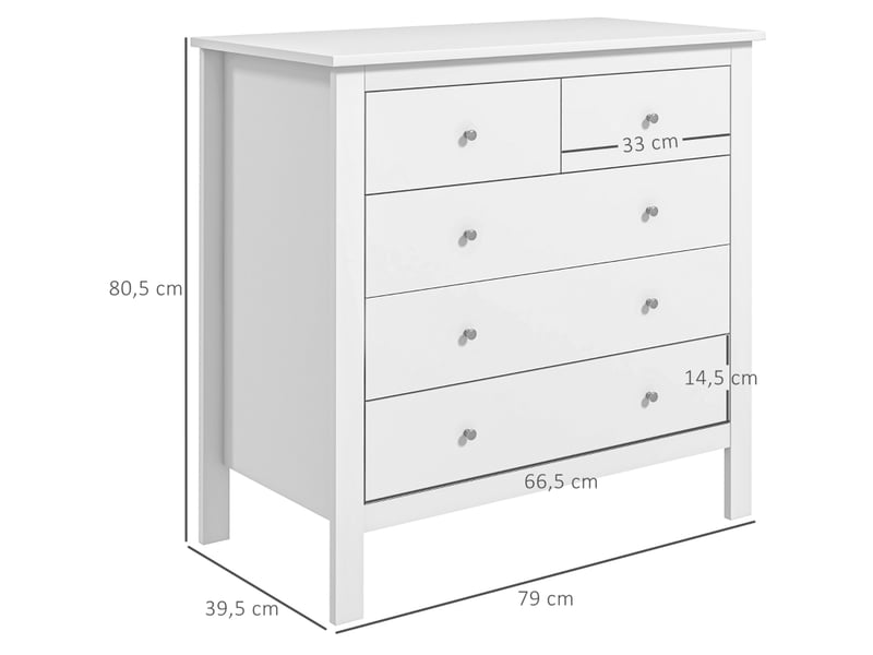  Commode 79 x 39,5 x 80,5 cm blanche en bois, 2 petits tiroirs et 3 grands tiroirs, rangement salon  - Conforama C