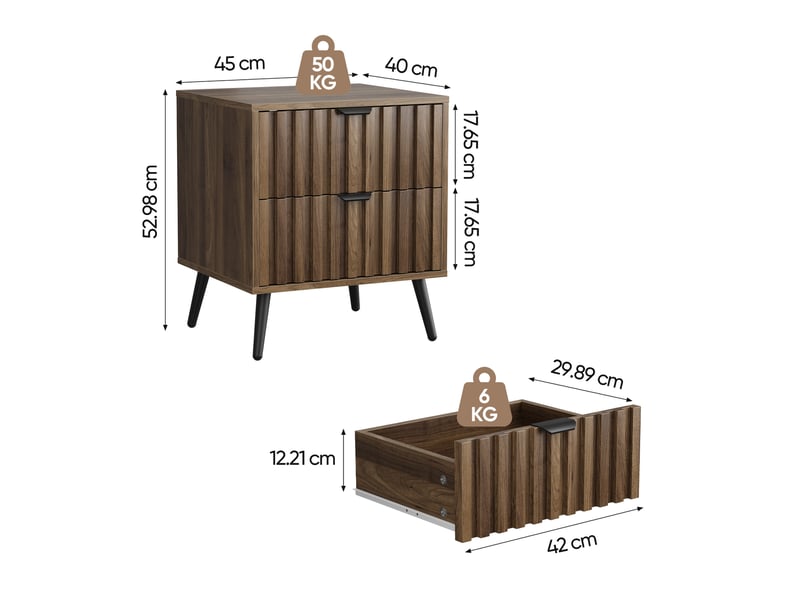  Table de chevet moderne à 2 tiroirs – décor noyer foncé – mdf et pieds métalliques – 45 x 40 x 53 cm  - Conforama D