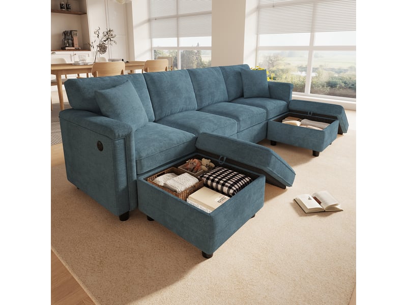  Canapé modulaire 261x134x82 cm avec 2 poufs de rangement bleu  - Conforama D
