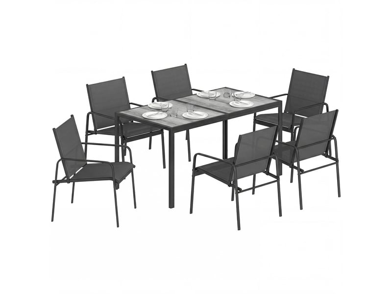  Salon de jardin extérieur pour 6 personnes, table de patio effet bois et chaises avec assise en maille respirante, cadre en acier galvanisé, noir  - Conforama A