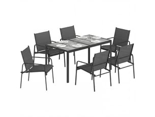 Salon de jardin extérieur pour 6 personnes, table de patio effet bois et chaises avec assise en maille respirante, cadre en acier galvanisé, noir