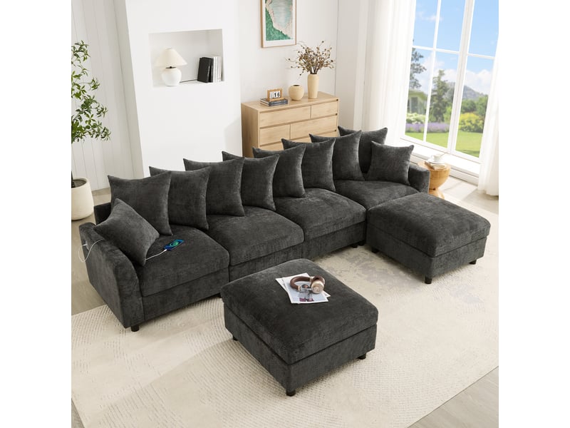 Canapé d'angle, canapé modulable, 6 places, en chenille, gris, repose-pieds, pour salon et séjour, usb  - Conforama E