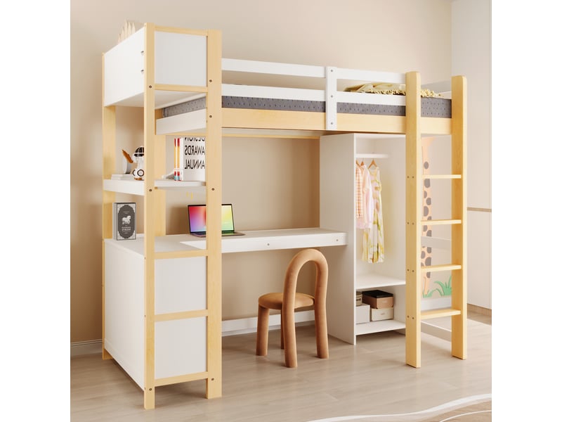  Lit mezzanine 90x200 cm avec bureau intégré et armoire, lit surélevé enfant avec étagères et garde-corps, en pin et mdf, naturel  - Conforama C