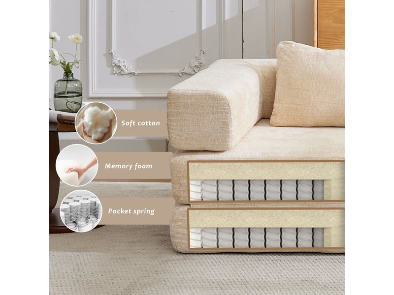  Canapé convertible 200 cm, canapé-lit modulable au sol en tissu chenille, sans montage, 2 places, beige  - Conforama E