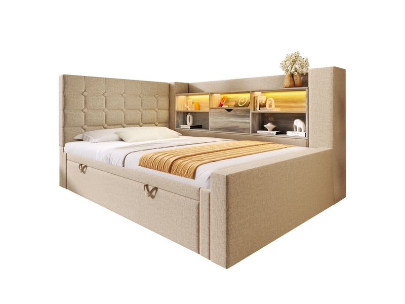 Lit avec rangement en lin et métal beige 90x200 cm - Conforama A