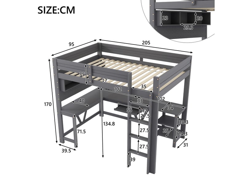  Lit mezzanine gaming 90x200 cm, garde-corps, lit enfant, rangement, avec éclairage led, bureau et recharge, en bois+mdf, gris sans matelas  - Conforama C