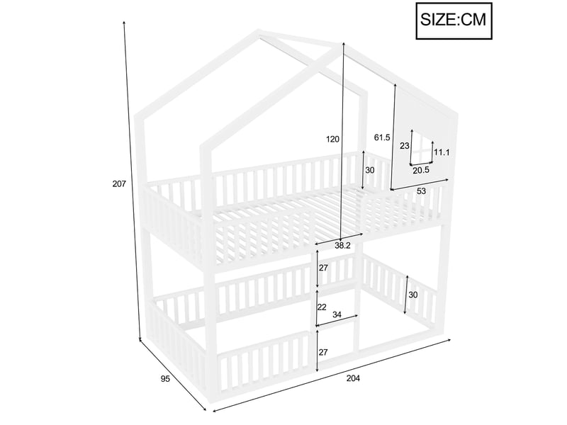 Lit superposé 90x200 cm, lit enfant, échelle, cadre métallique robuste, toit et fenêtres décoratifs, support à lattes stable, métal blanc OPULERANE TRADING LTD - Conforama C