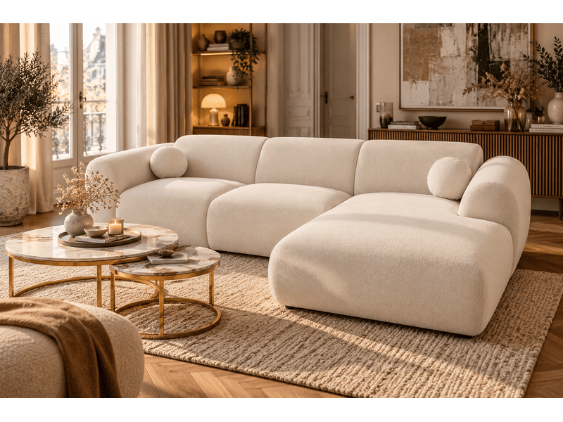  Canapé d'angle arrondi velours écru cloud bis - angle droit  - Conforama C