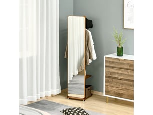 Miroir sur pied avec portant et 4 patères en mdf et pin coloris noyer 40x44,5x170 cm