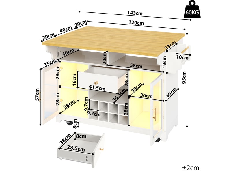 Desserte de cuisine blanche avec led rgb, plateau rabattable et rangement pour 3 bouteilles, 120 × 80 × 95 cm - Conforama C
