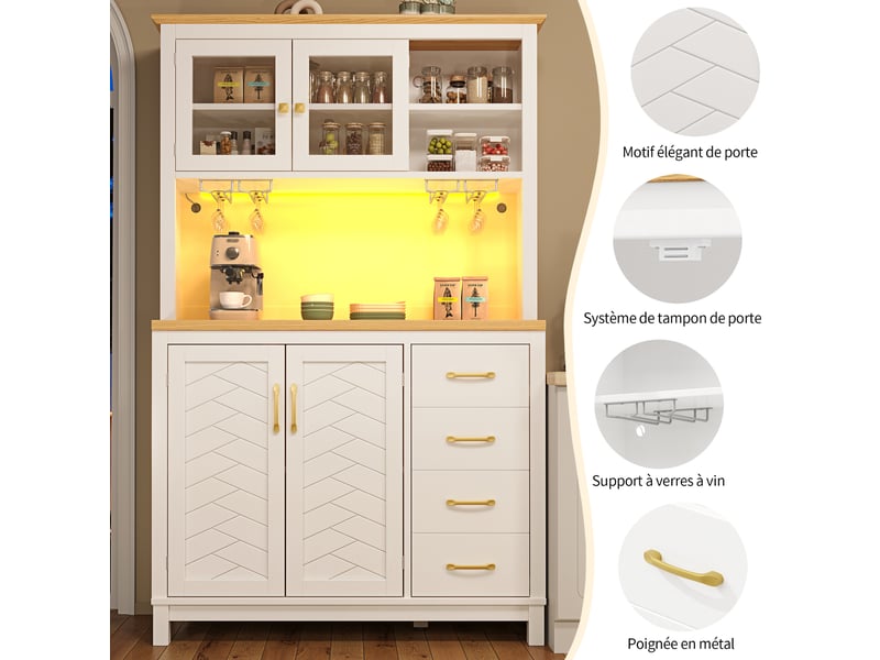  Buffet ,meuble de rangement ,meuble de cuisine ,buffet haut, 105,5 x 40 x 180 cm, 4 portes, avec led -bouteilles, blanc  - Conforama B