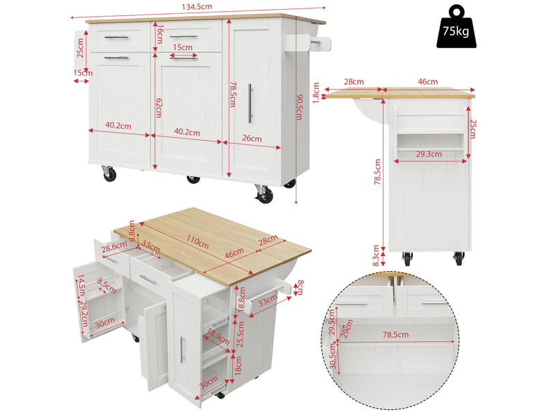 Desserte roulante,chariot de cuisine avec 2 portes,2 tiroirs,étagères à snack,plateau pliable,porte-serviettes et étagère latérale,blanc desserte blanc - Conforama C