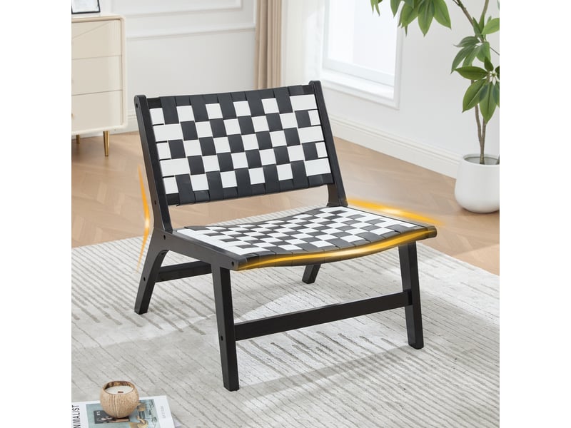  Fauteuil 1 place - 70 x 74 x 74 cm - fauteuil de relaxation tressé style damier et bois - noir et blanc  - Conforama B