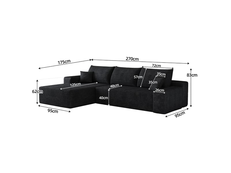 Canapé d'angle compressé modulable 3 places avec méridienne gauche en velours côtelé noir - Conforama C