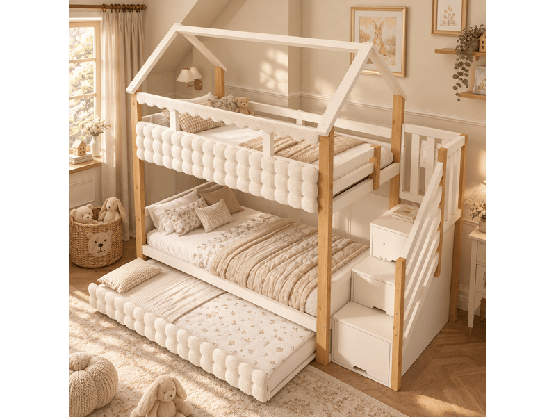  Lit superposé enfant blanc 90x200 cm avec lit gigogne 90x190 cm, escalier avec rangements, panneaux bouclette, barrières de sécurité, norme en 747  - Conforama C