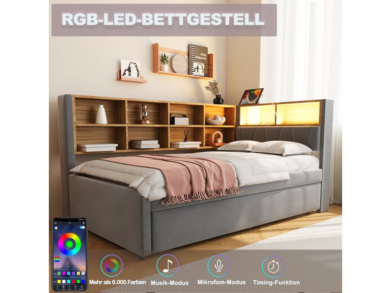 Canapé-lit 90x200 cm + gigogne 90x190 cm avec led et prises, flanelle gris foncé, sans matelas - Conforama D
