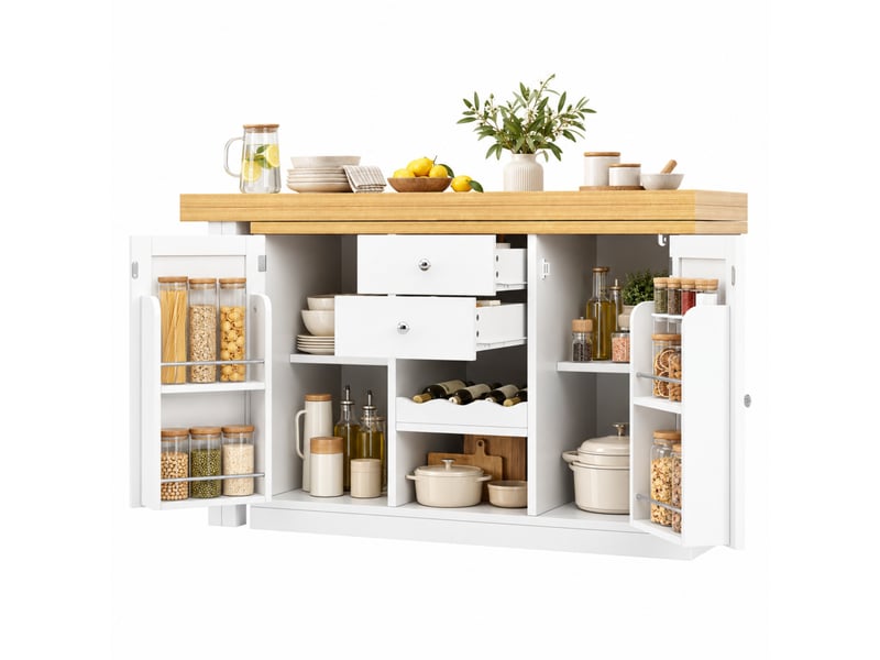 Îlot de cuisine extensible 120-197 cm avec table pivotante 360°, porte-bouteilles et rangements, blanc et noir - Conforama A