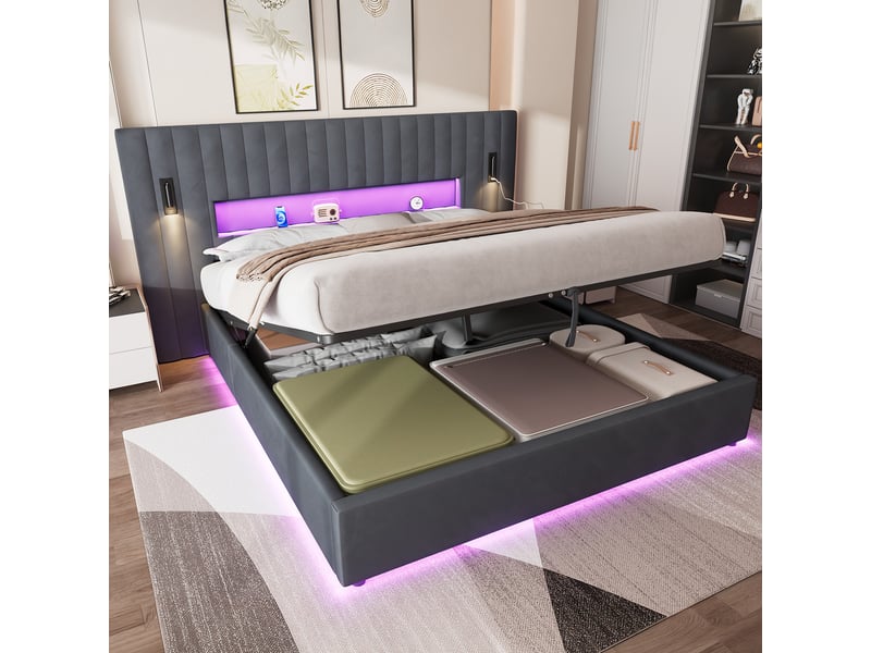  Lit coffre ulevr 180 x 200 cm avec rangement hydraulique, liseuses led réglables et 2 ports usb, velours gris foncégris  - Conforama B