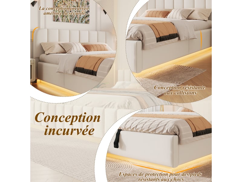  Lit coffre 140x200 cm beige, tissu chenille, sommier relevable hydraulique, led contrôlée par appli, sommier à lattes inclus  - Conforama E