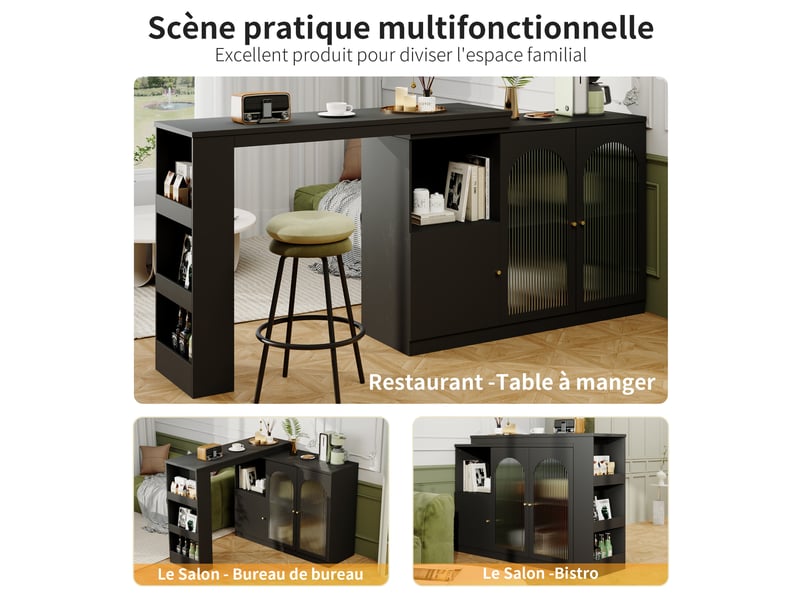 Table de bar 120 x 40 x 97 cm, pivotante à 360°, table à manger avec 3 portes, rangement ouvert - noir  - Conforama D
