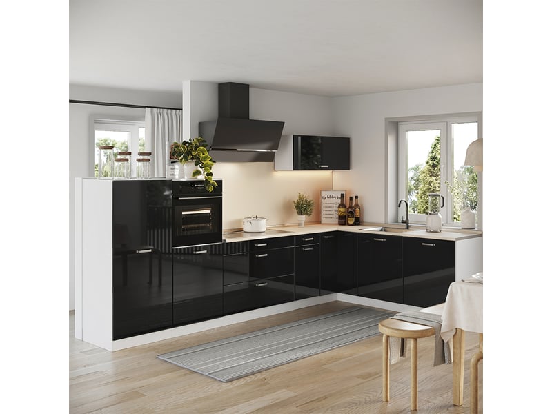  Vicco cuisine en angle, noir haute brillanceblanc, 347 x cm plan de travail chêne doré  - Conforama C