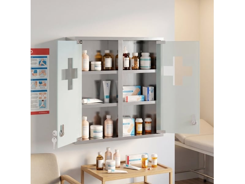  Armoire à pharmacie murale verrouillable 46x12x48 cm, 6 niveaux, 2 clés, métal, argent  - Conforama C