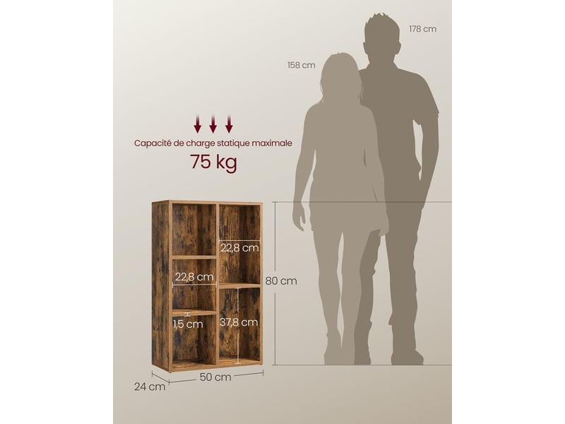  Bibliothèque à 5 casiers rangement pratique 50 x 24 x 80 cm style vintage ambiance cosy en panneau d'aggloméré marron rustique 12_0008340  - Conforama B