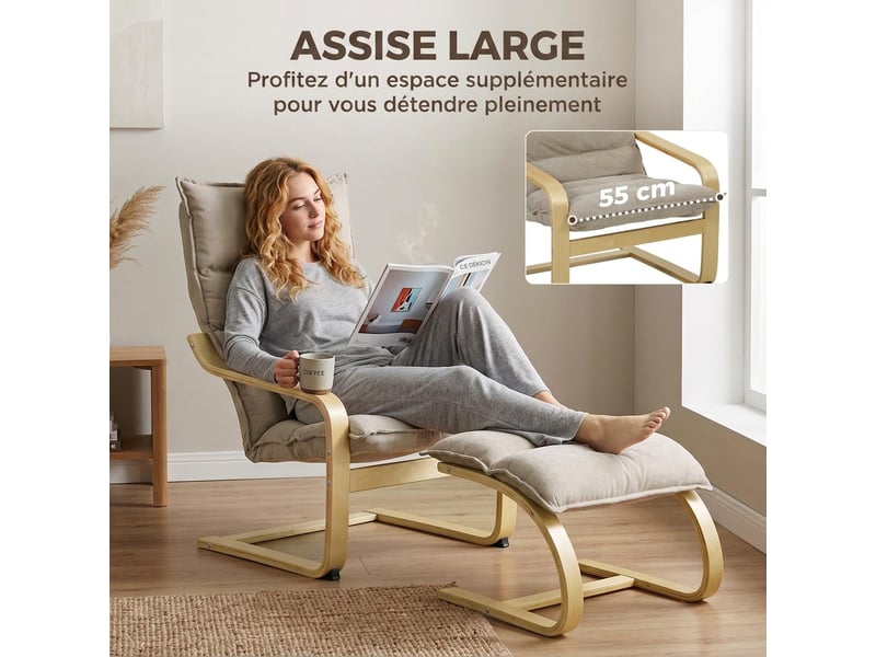  Fauteuil avec repose-pied en tissu effet lin beige 76 x 67 x 102 cm  - Conforama E