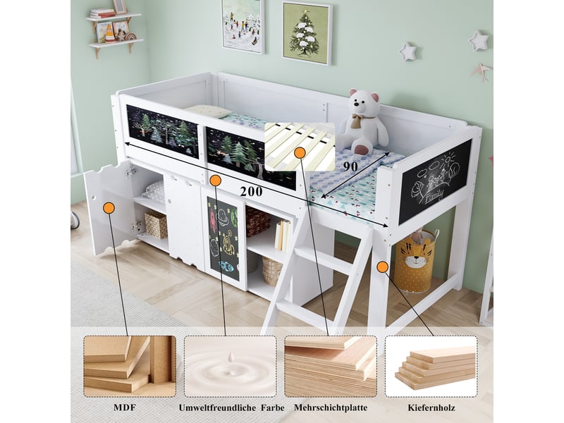  Lit mezzanine 90x200 cm avec armoire et garde-corps, pin et mdf blanc  - Conforama E
