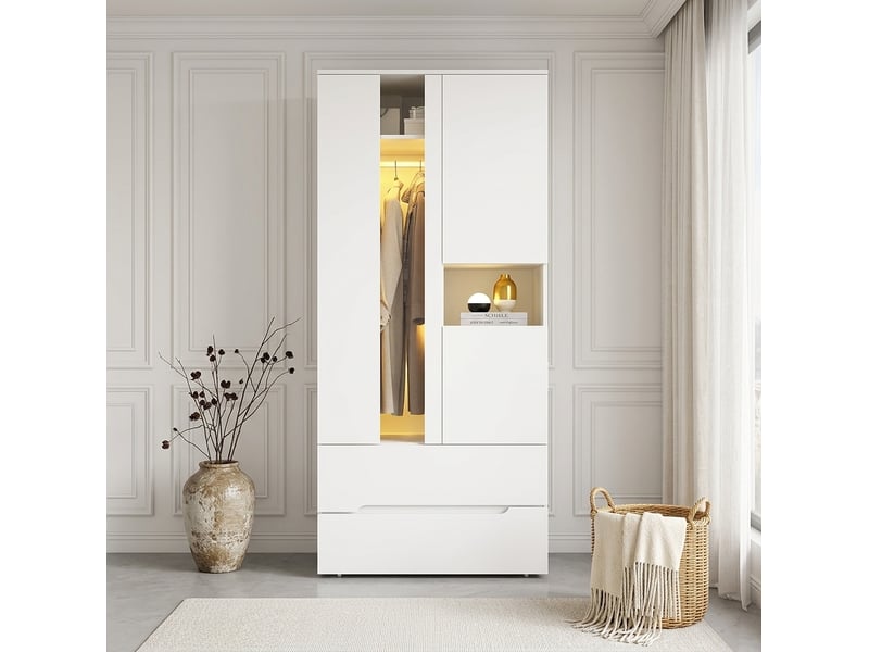 Armoire avec led, 3 portes, 2 tiroirs, 6 niches et penderie pour chambre, en mdf et verre blanc, 90 × 50 × 200 cm - Conforama C