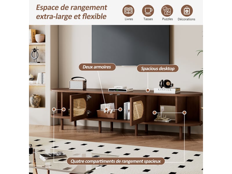 Meuble tv noyer 180 cm ovale style vintage avec portes rotin et coulissantes pour écran 80 pouces - Conforama D