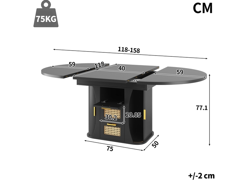  Table à manger extensible 118-158x118x77cm avec rangement et tiroirs en rotin, finition noire, plateau aggloméré, usage cuisine, salon  - Conforama C
