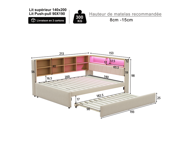 Lit gigogne enfant 140x200 + 90x190 cm avec led, prises, rangement, sommier et canapé-lit, flanelle, beige, sans matelas - Conforama C
