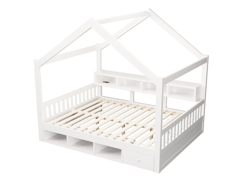  Lit cabane enfant 140x200 cm avec rangements, led et prises, blanc, sans matelas  - Conforama D