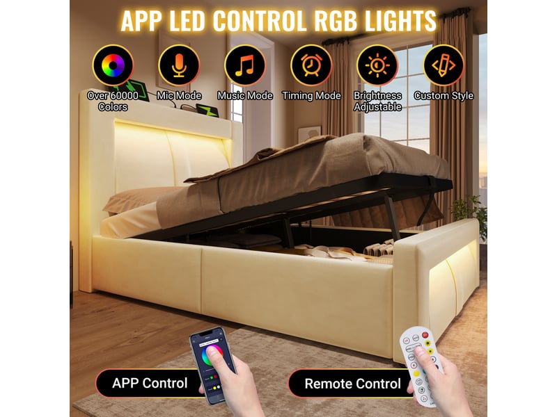  Lit coffre,160x200 cm,avec matelas, led et ports usb type-c,velours,beige  - Conforama E