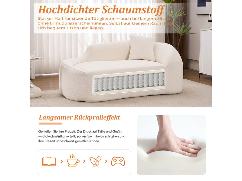 Canapé convertible 2 places en chenille avec assise profonde, chaiselongue incurvée blanche 155 × 96 × 65 cm - Conforama D