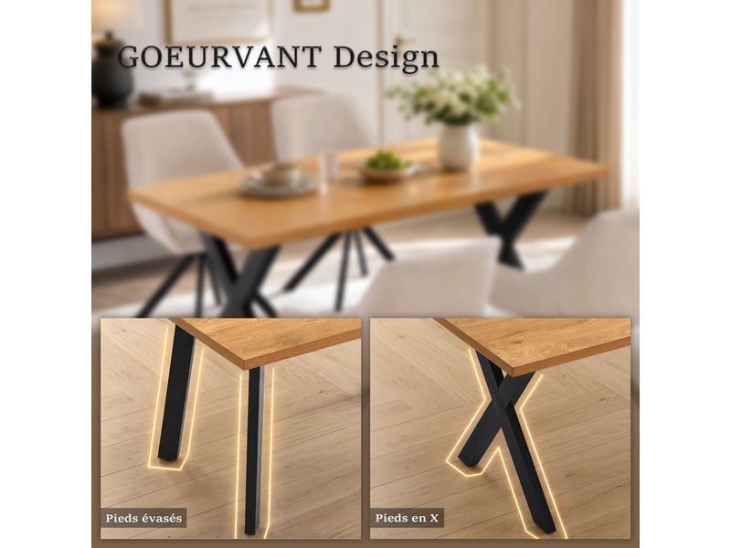  Table de salle à manger - plateau monobloc robuste et pieds évasés en métal avec patins réglables - chêne sauvage  - Conforama D