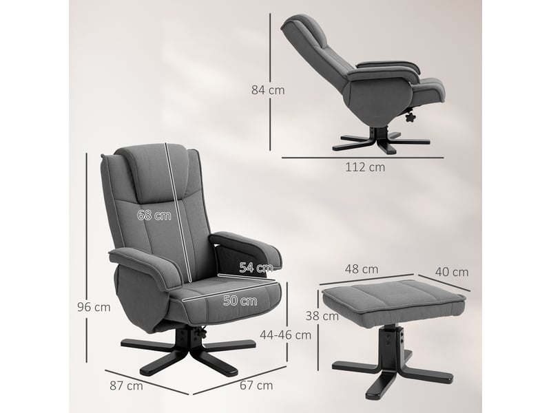 Fauteuil inclinable à bascule avec repose-pieds, revêtement en tissu aspect velours, fauteuil pivotant rembourré, structure en bois, gris  - Conforama E