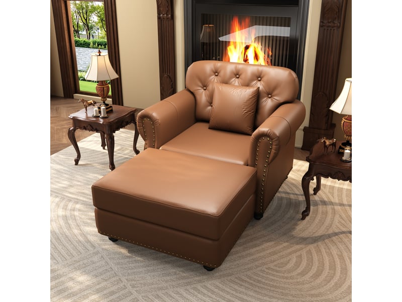  Fauteuil chesterfield 1 place + pouf en simili cuir marron, capitonné, 105 cm Fay Lum - Conforama B