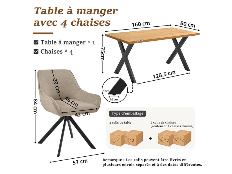  Ensemble table et 4 chaises - table rectangulaire 160x80 cm monobloc en chêne sauvage et pieds métal, 4 chaises en tissu greige et pieds métal  - Conforama C