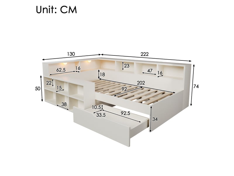  Lit 90x200 avec rangement et liseuse intégrée, lit simple en bois blanc avec ports usbtype-c et tiroirs  - Conforama C