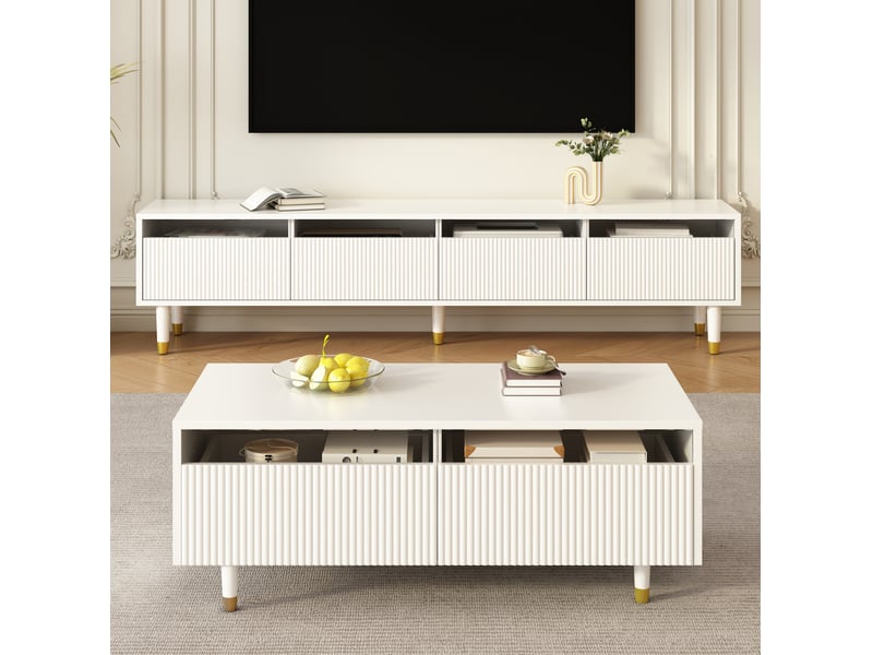  Ensemble meuble tv et table basse modenvie led 7 couleurs 178 x 35 x 45 cm et 110 x 50 x 40 cm mdf blanc et doré  - Conforama D
