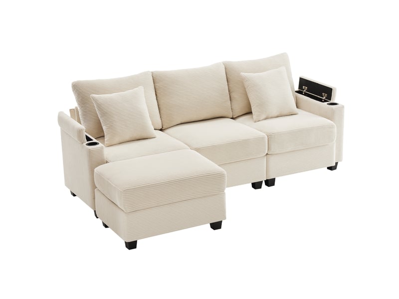 Canapé d'angle réversible modenvie convertible 3 places avec pouf velours côtelé beige 213,5 x 139 x 87 cm - Conforama A