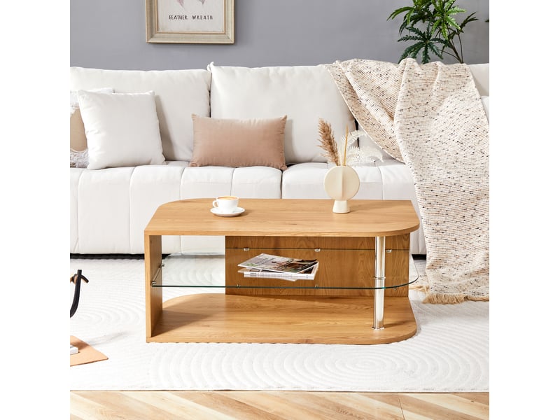  Table basse ulevr avec rangement sur étagère en verre et tablette inférieure, 100 x 60 x 42 cm, mdf couleur bois naturel  - Conforama D