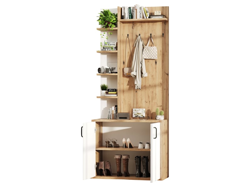  Vestiaire d'entrée ulevr avec porte-manteaux, rangement chaussures et 6 étagères, 75 x 33 x 180 cm, panneau de particules bois naturel et blanc  - Conforama A