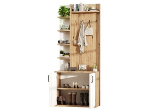Vestiaire d'entrée ulevr avec porte-manteaux, rangement chaussures et 6 étagères, 75 x 33 x 180 cm, panneau de particules bois naturel et blanc