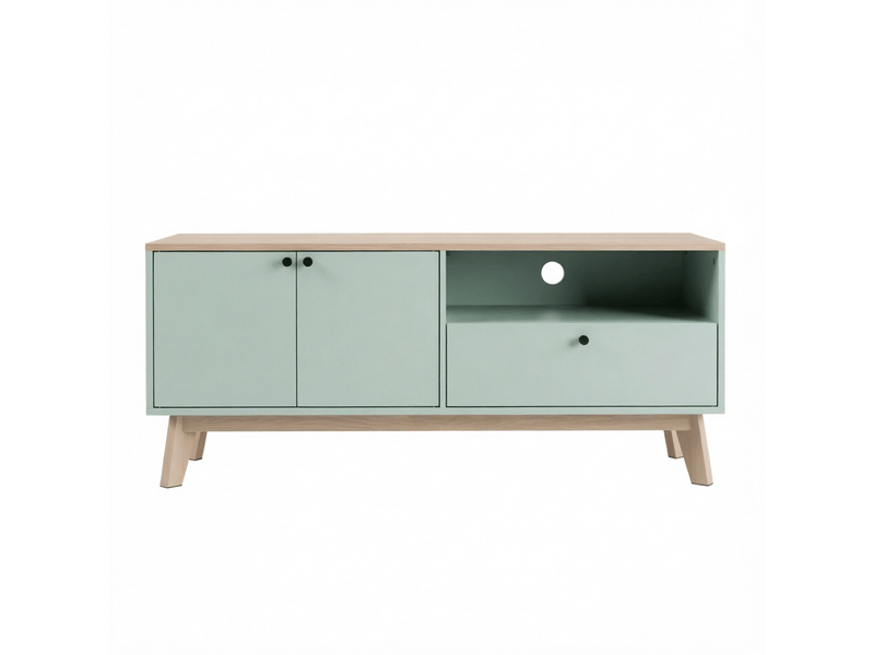  Meuble tv 2 portes 1 tiroir mdf vert clair et coloris chêne 120x35x50 cm T5828P549492 - Conforama A