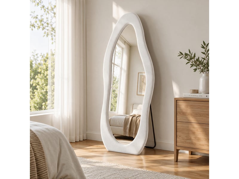  Miroir corps entier 160x50 cm, miroir sur pied ondulé asymétrique, avec pied u, pour chambre et dressing, cadre velours doux style scandinave, blanc  - Conforama C